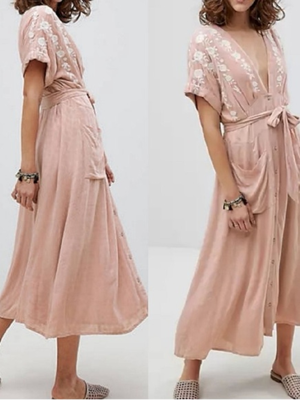Free People Love to Love You Pink Embroidered Button-Front Midi Dress